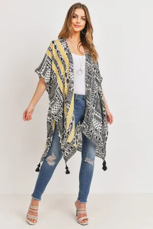 Hdf3162 - Tribal Pattern Print Tasseled Open Front Kimono