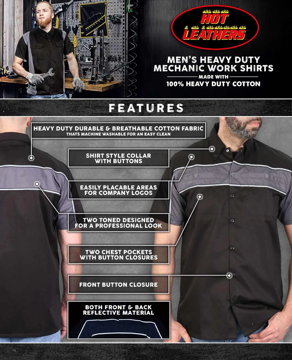 Hot Leathers GMM1006 Men's 2 Tone Stripe Black and Gray Button Up Heavy-Duty Work Shirt for | Classic Mechanic Work Shirt