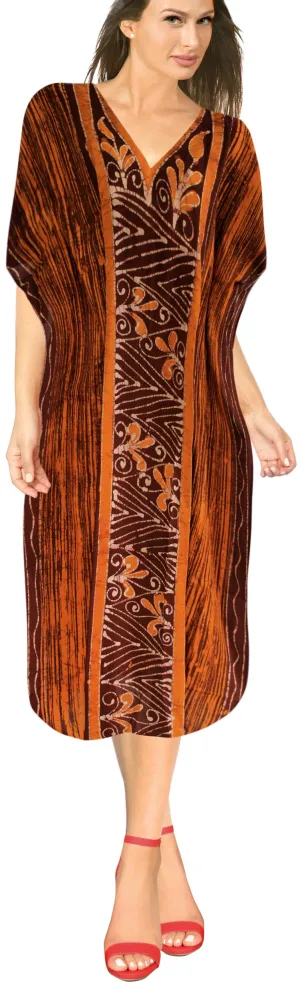 LA LEELA Cotton Batik Printed Women's Kaftan Kimono Summer Beachwear Cover up Dress OSFM 14-18W [L- 2X] Brown_D277