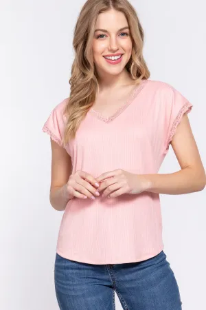 Lace Trim V-Neck Short Sleeve Ribbed Top