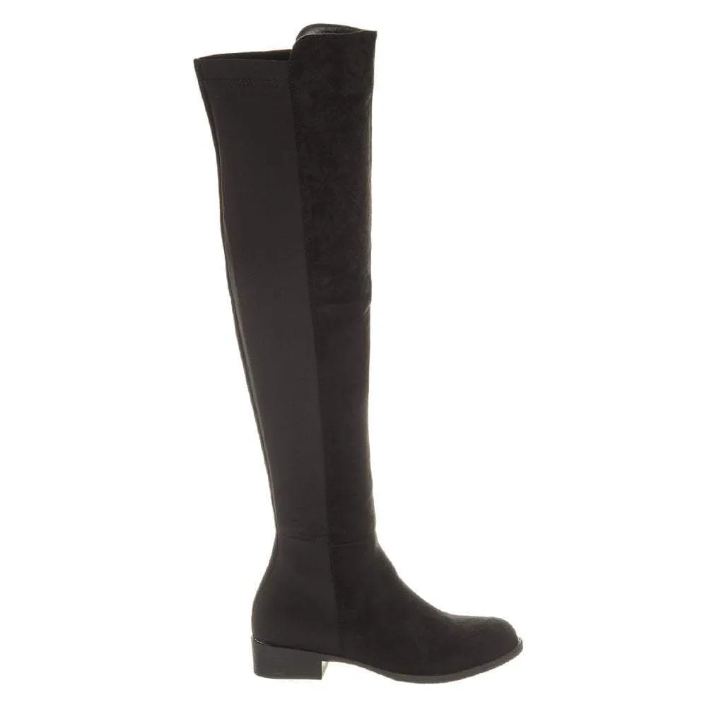 Low Block Heel Over Knee Boot With Elastic Back Panel