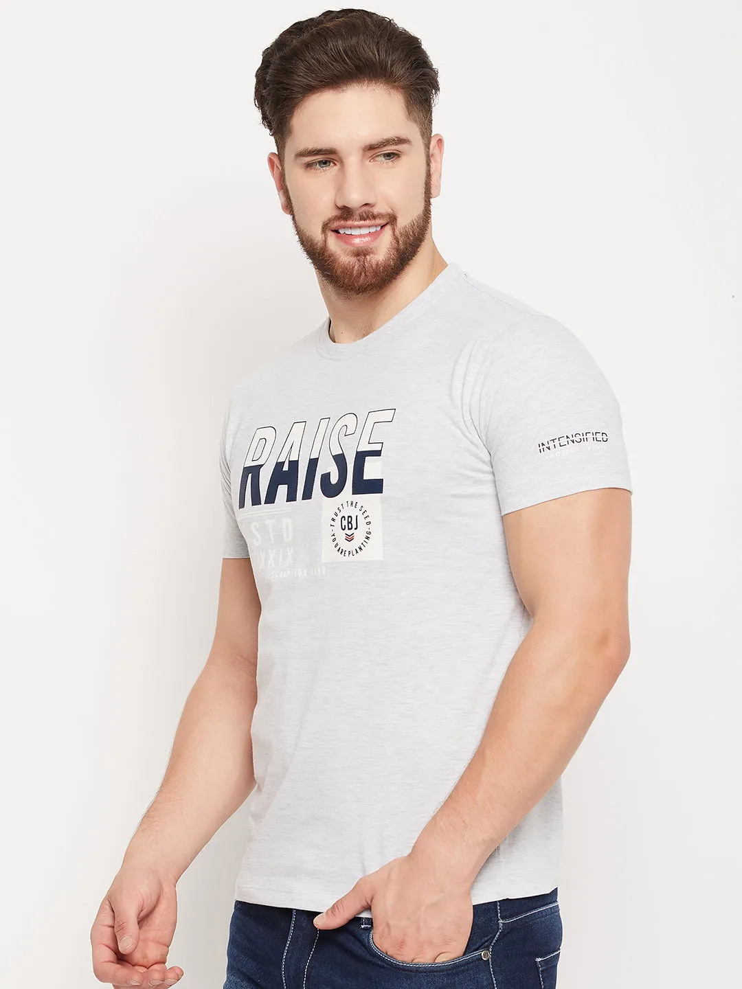 Men Grey Melange Round Neck T-Shirt