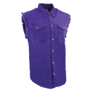 Milwaukee Leather DM1006 Men's Purple Lightweight Denim Shirt with with Frayed Cut Off Sleeveless Look