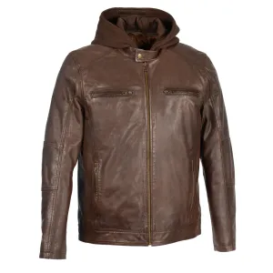 Milwaukee Leather-SFM1850-Men's Broken Brown Snap Collar Leather Moto Jacket with Removable Hood