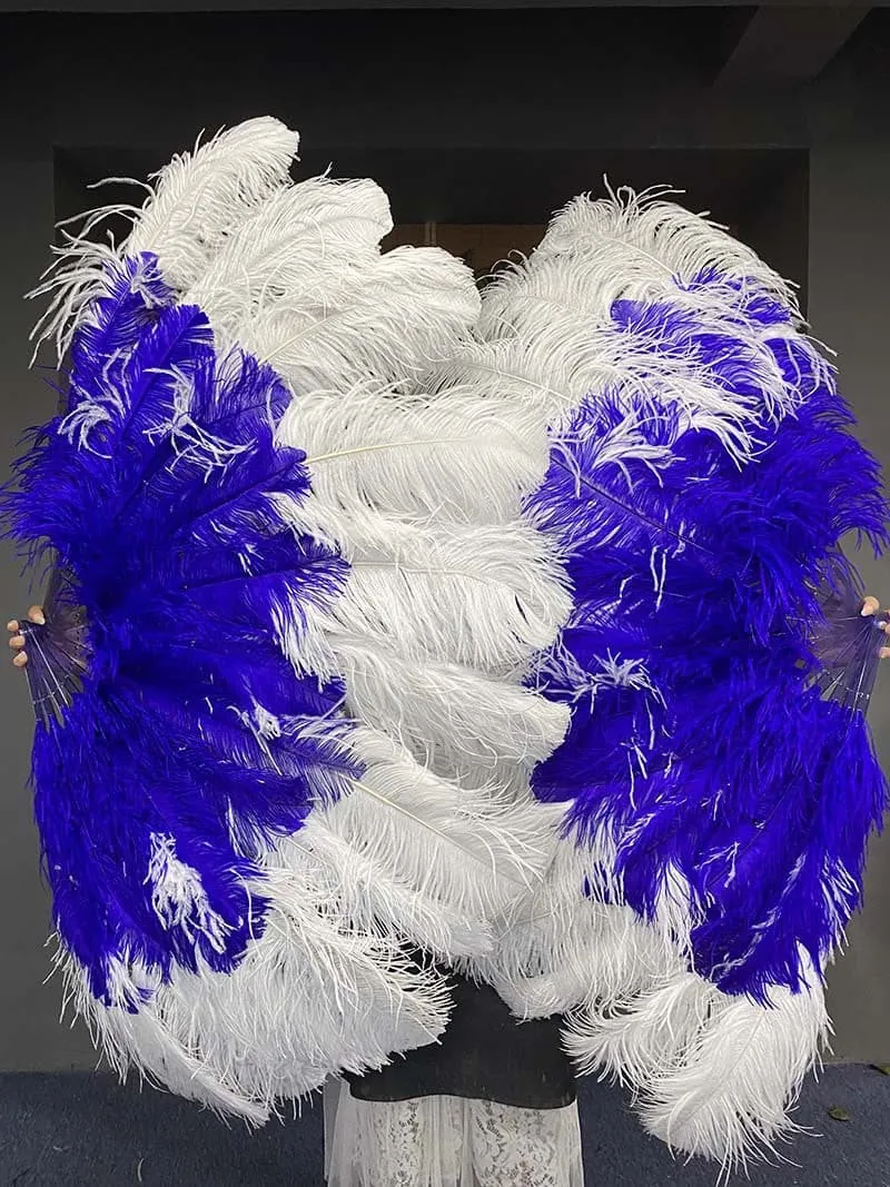 Mix Royal Blue & white XL 2 Layer Ostrich Feather Fan 34''x 60'' with Travel leather Bag