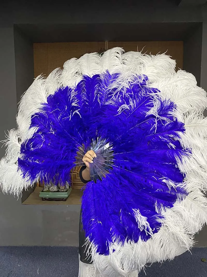 Mix Royal Blue & white XL 2 Layer Ostrich Feather Fan 34''x 60'' with Travel leather Bag