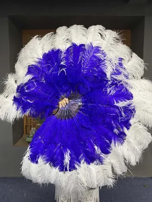 Mix Royal Blue & white XL 2 Layer Ostrich Feather Fan 34''x 60'' with Travel leather Bag