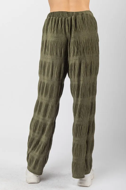 Olive Crinkled Soft Velvet Comfy Straight Pants