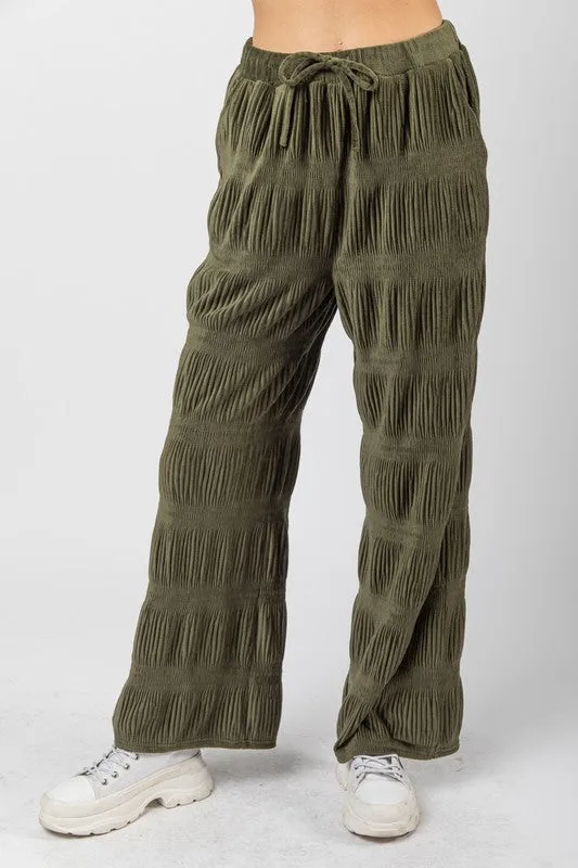 Olive Crinkled Soft Velvet Comfy Straight Pants