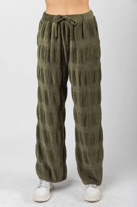 Olive Crinkled Soft Velvet Comfy Straight Pants