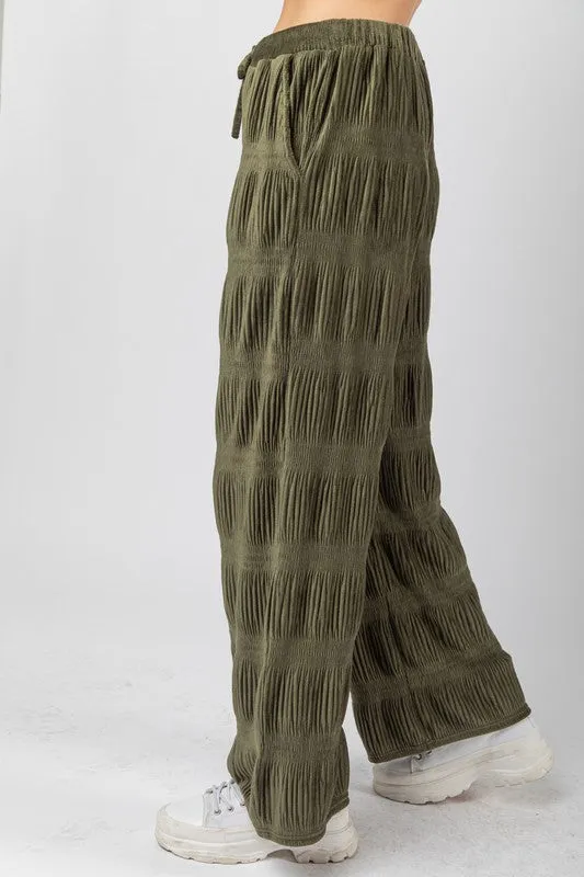 Olive Crinkled Soft Velvet Comfy Straight Pants