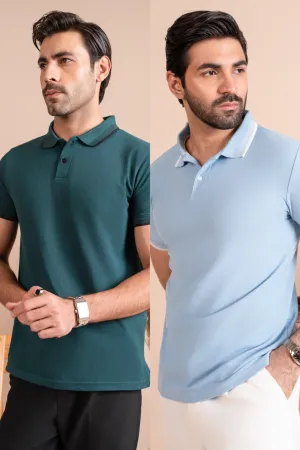 Pack of 2 Basic Polo Shirts - Pine Green & Sky Blue