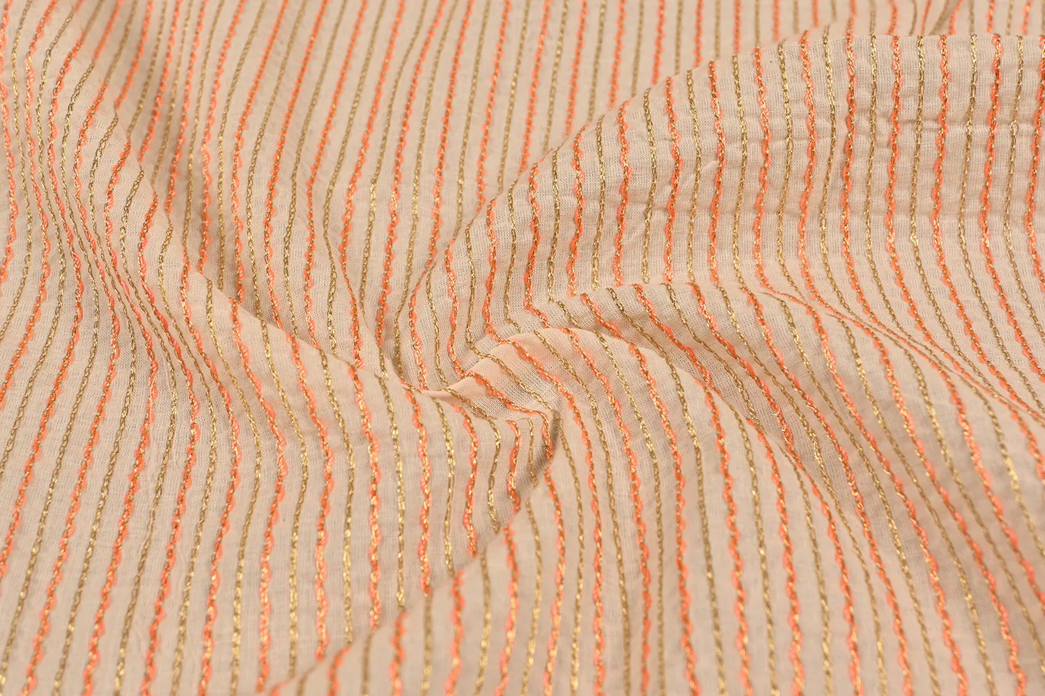 Peach & Golden Stripes Embroidered Cotton Fabric