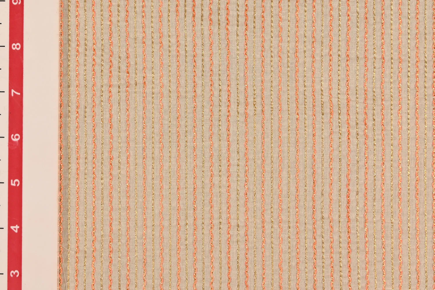 Peach & Golden Stripes Embroidered Cotton Fabric