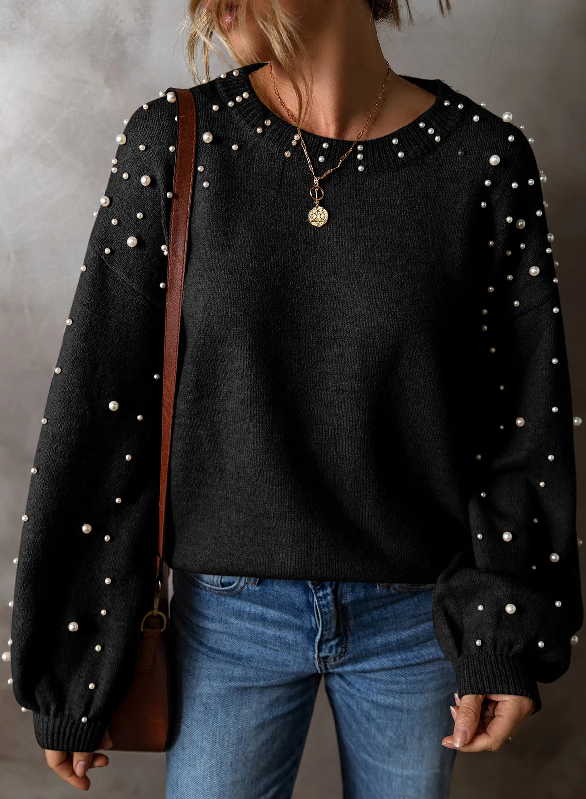 Pearled Drop Shoulder Round Neck Sweater