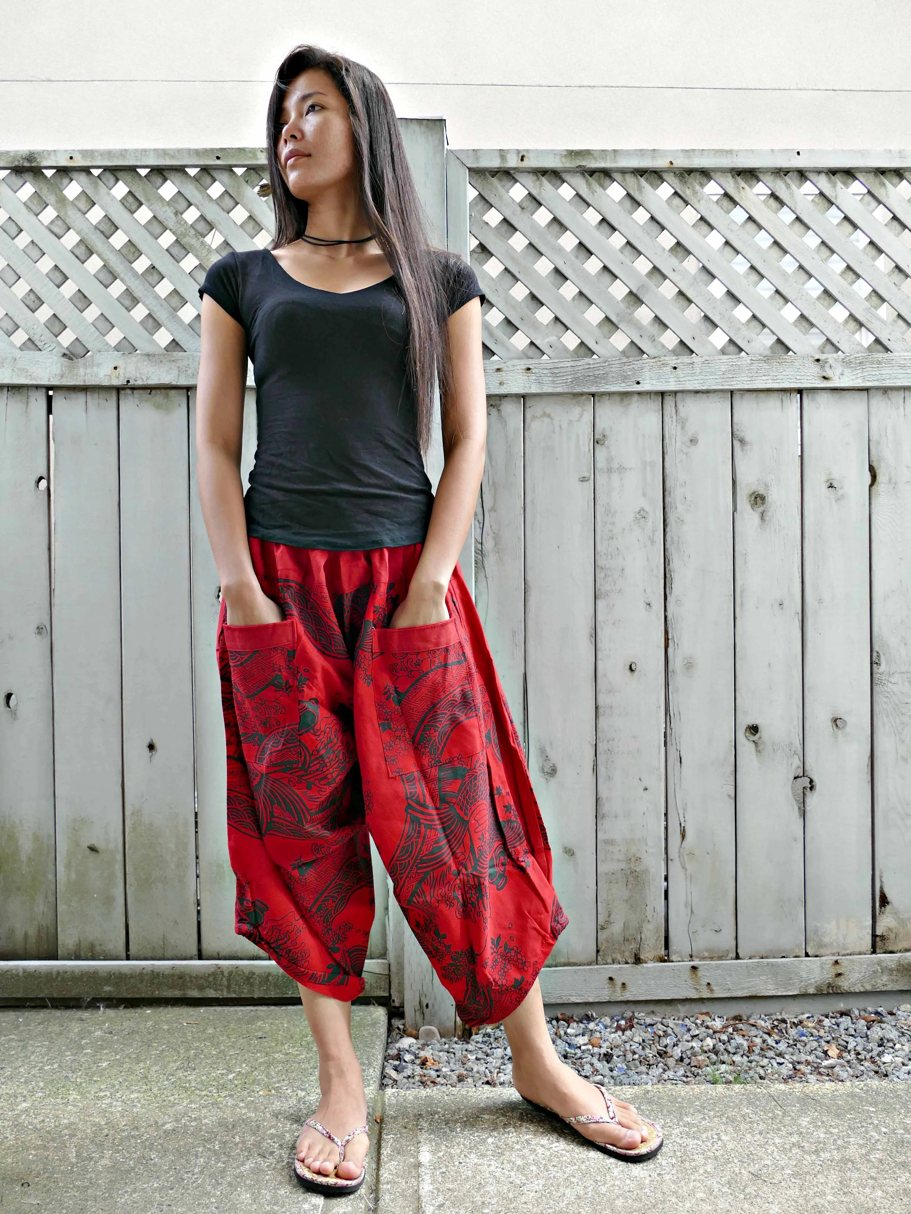 Red Koi Fish Elastic Waist Samurai Pants