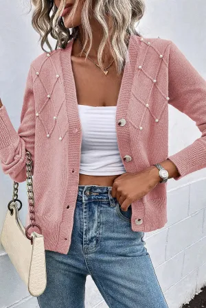 Sepia Rose Textured Knit Pearl Beaded Button Up Cardigan