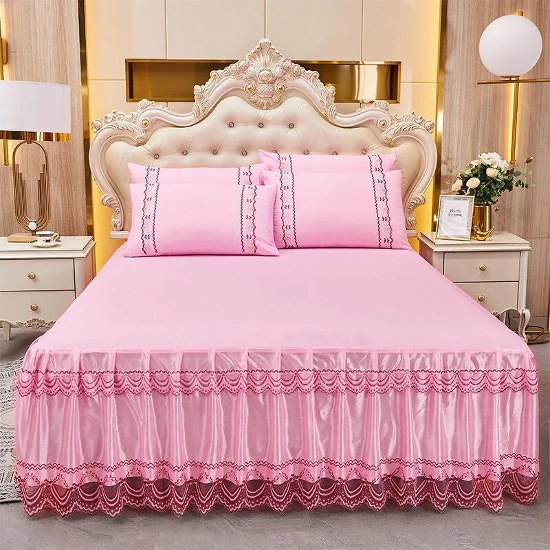 Soft Lace Bed Skirt Set for King/Queen Size Beds