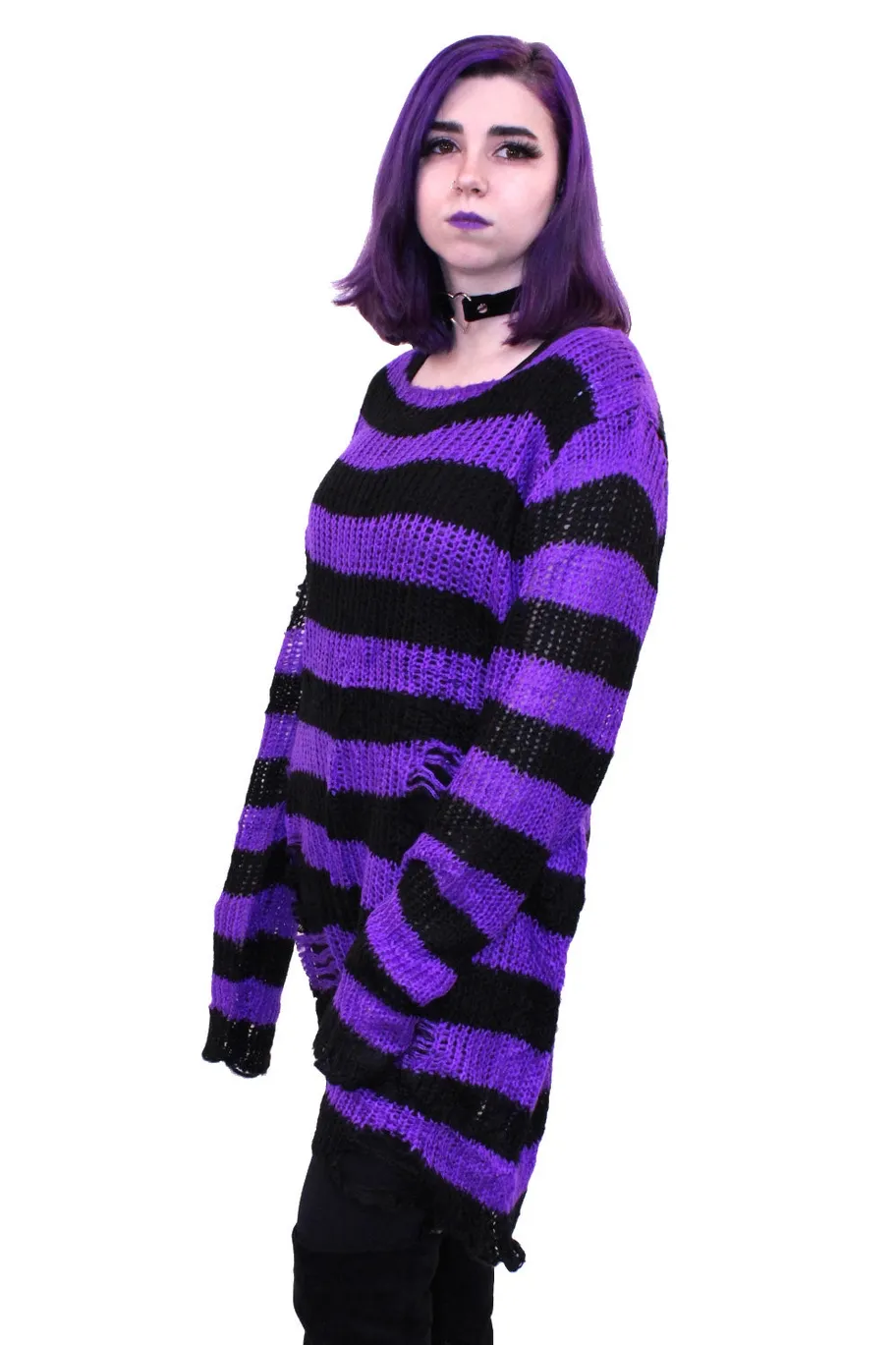 Unisex Purple & Black Striped Distressed Sweater by VampireFreaks