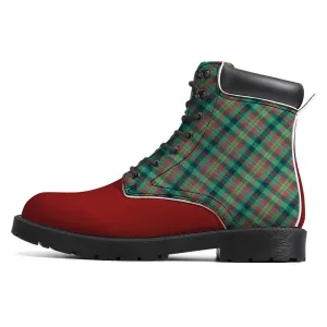 Unisex Synthetic Leather Boots With Cuff - Green Plaid