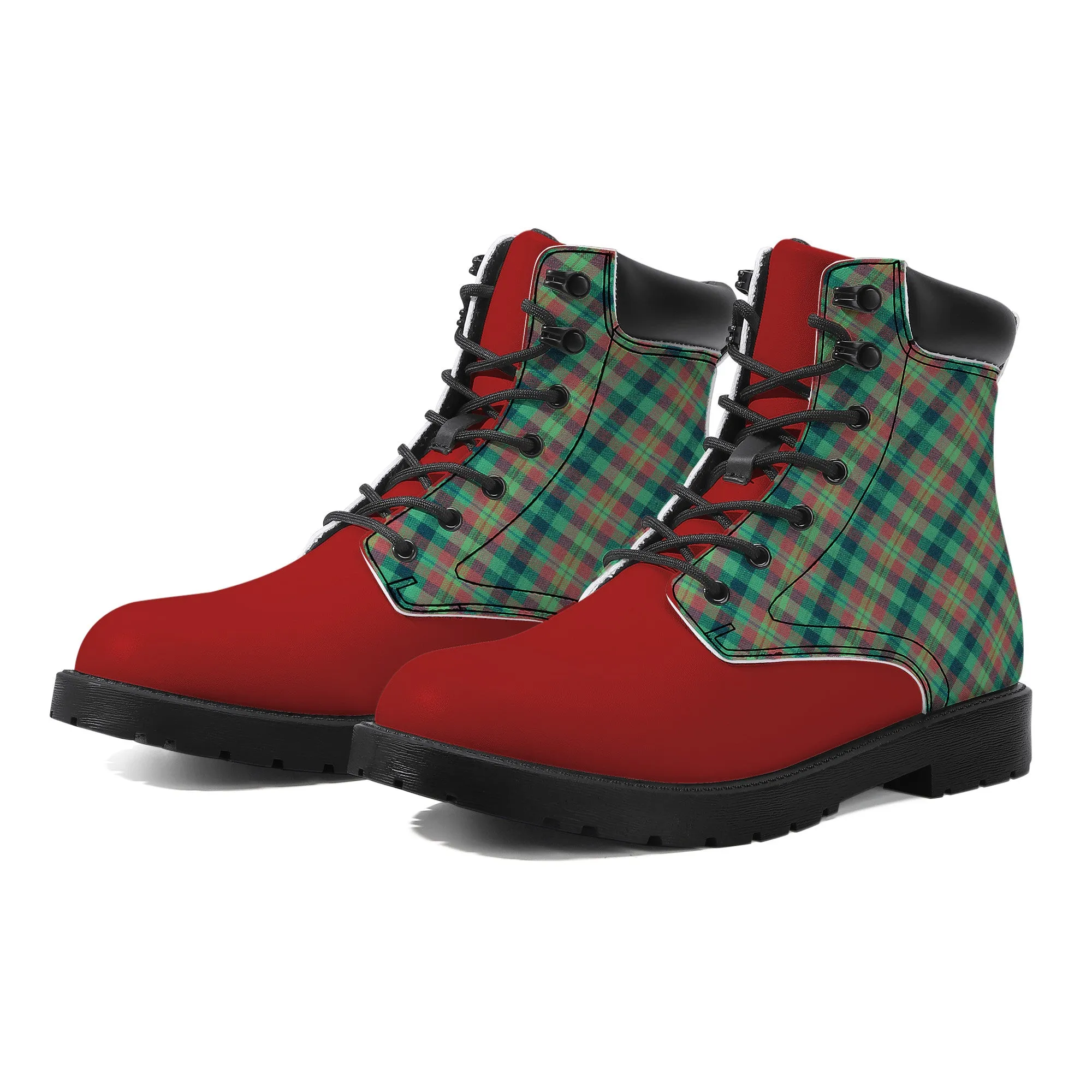 Unisex Synthetic Leather Boots With Cuff - Green Plaid