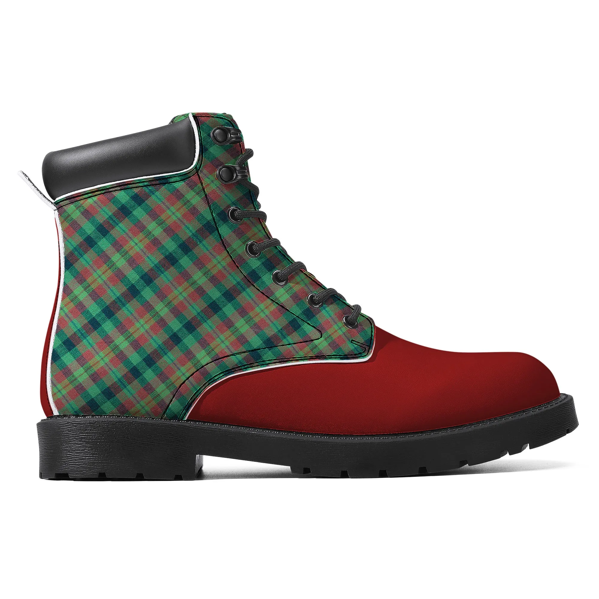 Unisex Synthetic Leather Boots With Cuff - Green Plaid