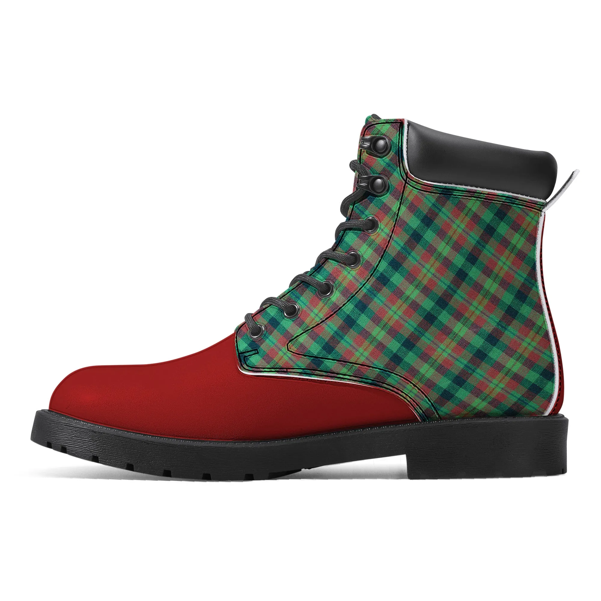 Unisex Synthetic Leather Boots With Cuff - Green Plaid