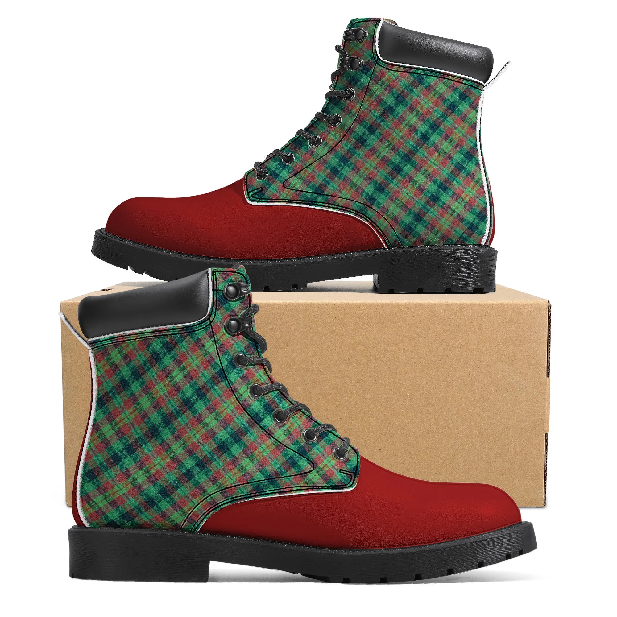 Unisex Synthetic Leather Boots With Cuff - Green Plaid