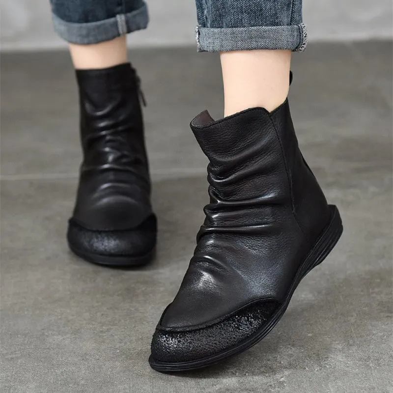 Wrinkled Leather Chelsea Boots For Women Soft Ankle Boots Retro Round Toe in Coffee/Black