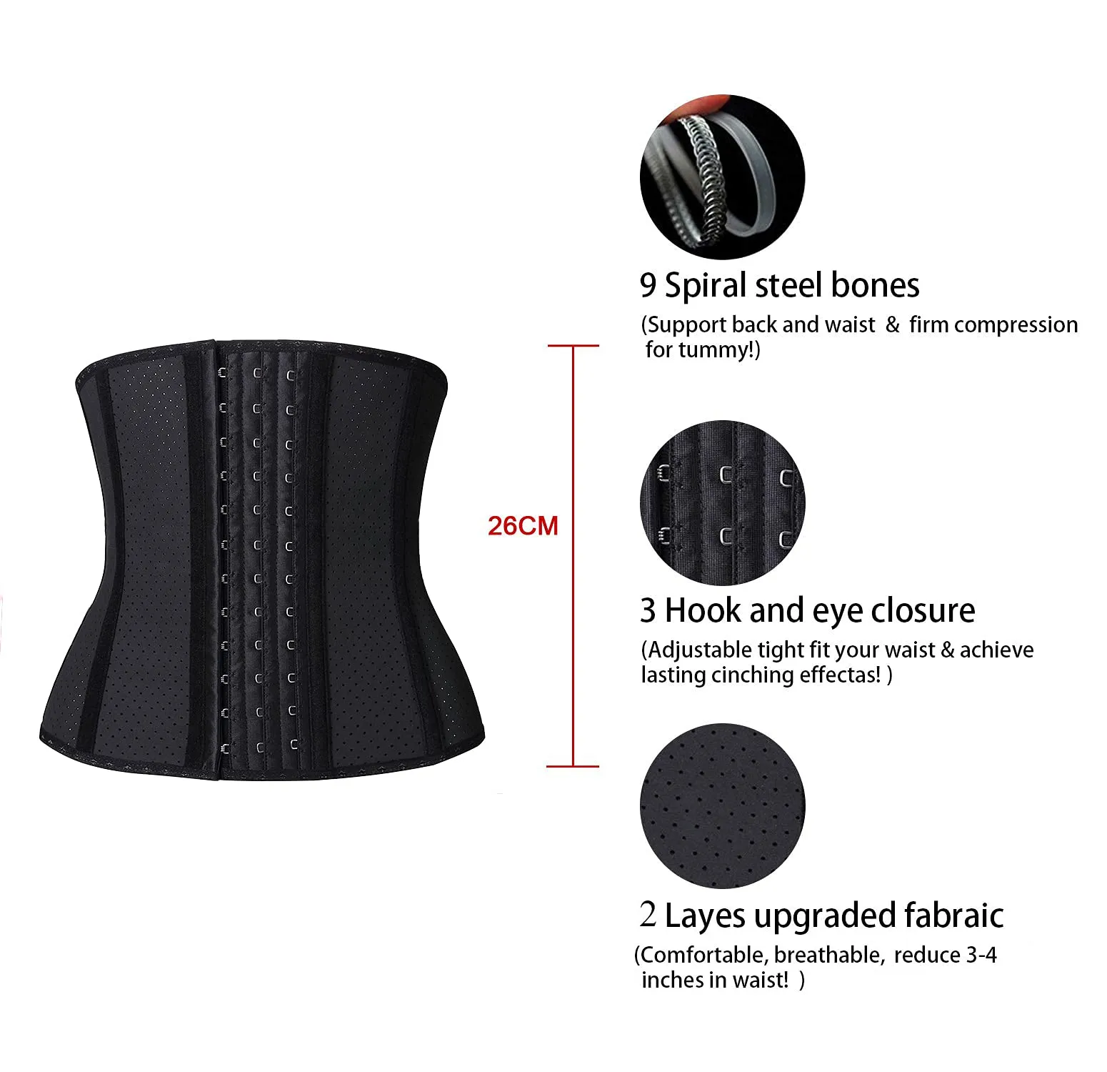 YIANNA Women Latex Short Torso Waist Trainer 9 Steel Bones 3 Row Hooks